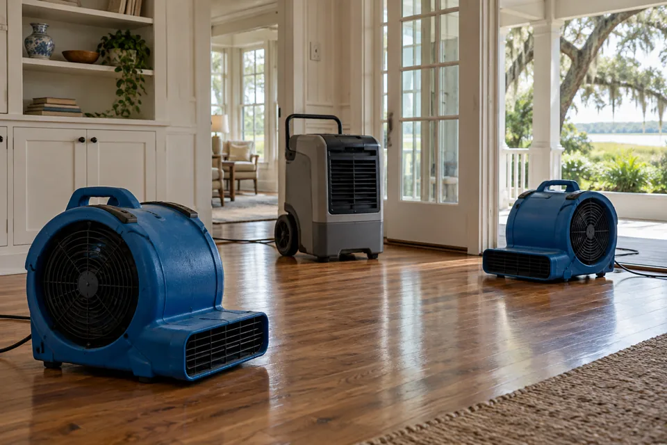 Professional air movers and dehumidifier in an empty room