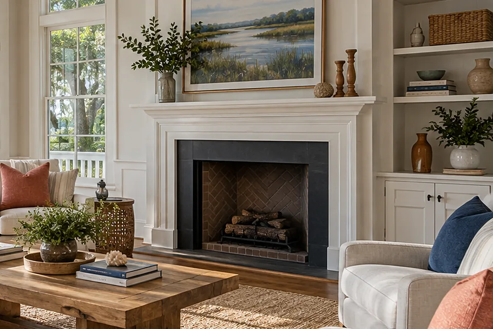 Fireplace with a mantel and seating area in a living room, fire damage restoration in Charleston, South Carolina