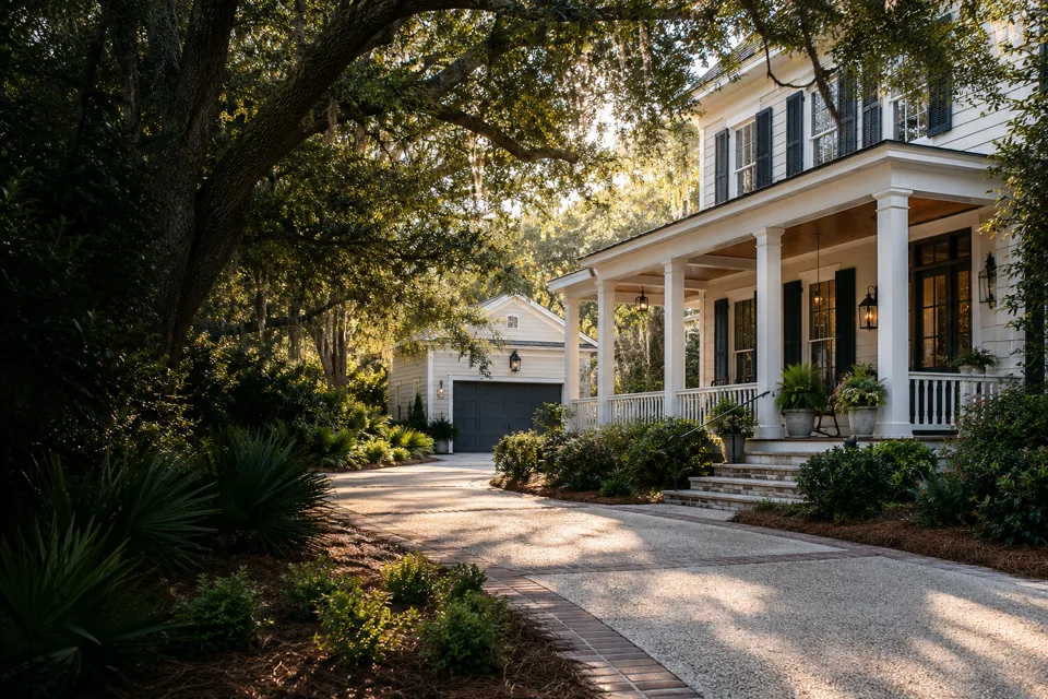 Damage Restoration Charleston website cover with Lowcountry home with a deep porch, pale painted siding and oak-shaded planting