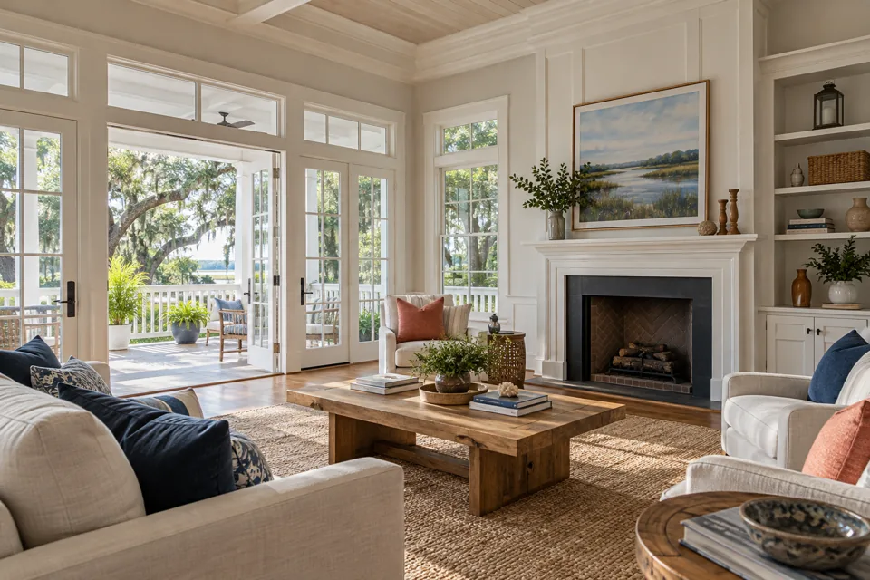 Bright unoccupied living room with pale walls and natural materials