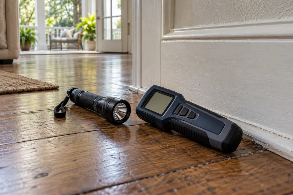 Moisture inspection meter and flashlight beside a baseboard