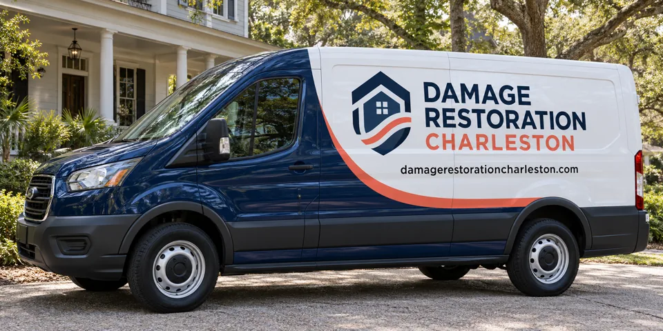 Damage Restoration Charleston branded van beside a home