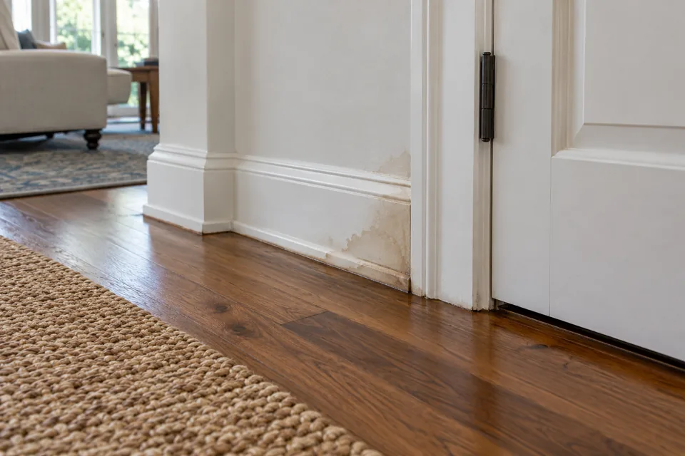 Localized moisture staining at a floor and baseboard